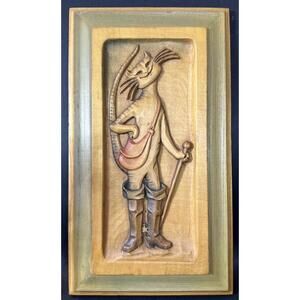 Vintage ANRI Wood Carving ~ PUSS IN BOOTS ~ Wall Hanging Relief ~ 11.5" x 6.5"